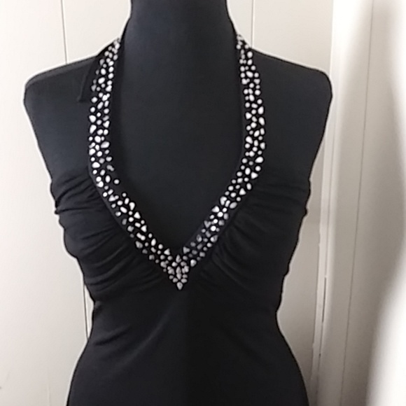 Betsy and Adam by Linda Bernell Black Halter Dress Rhinestone Embellished Formal - Picture 8 of 12